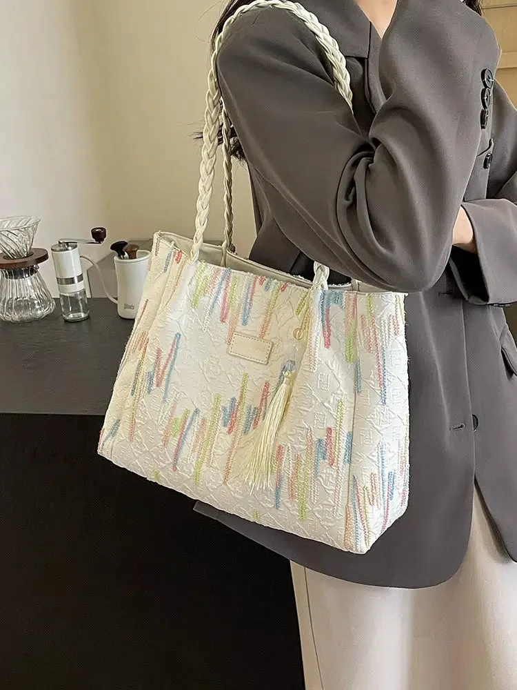 Tassel Embroidered Shoulder Tote Bag