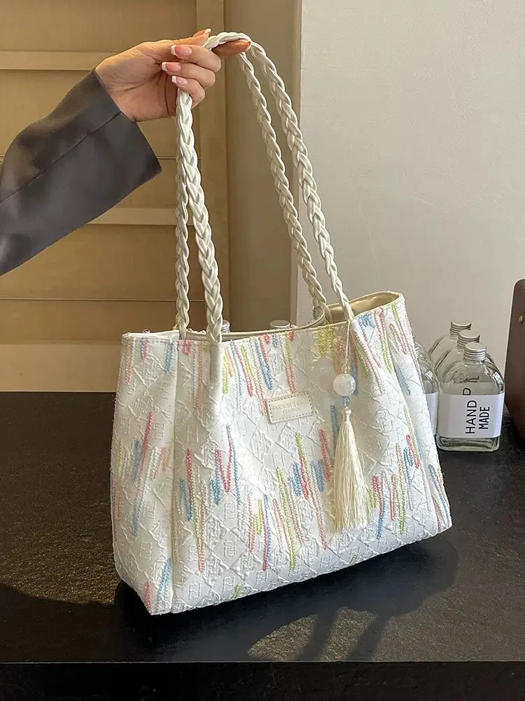 Tassel Embroidered Shoulder Tote Bag