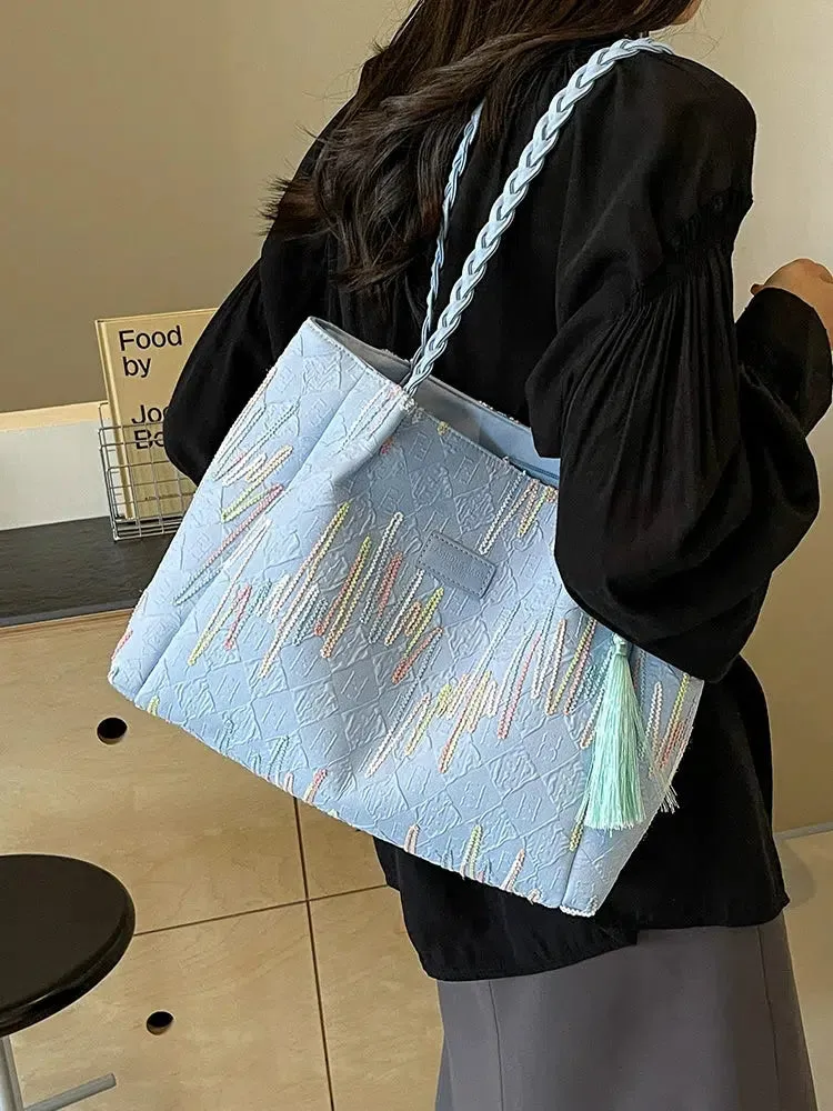 Tassel Embroidered Shoulder Tote Bag