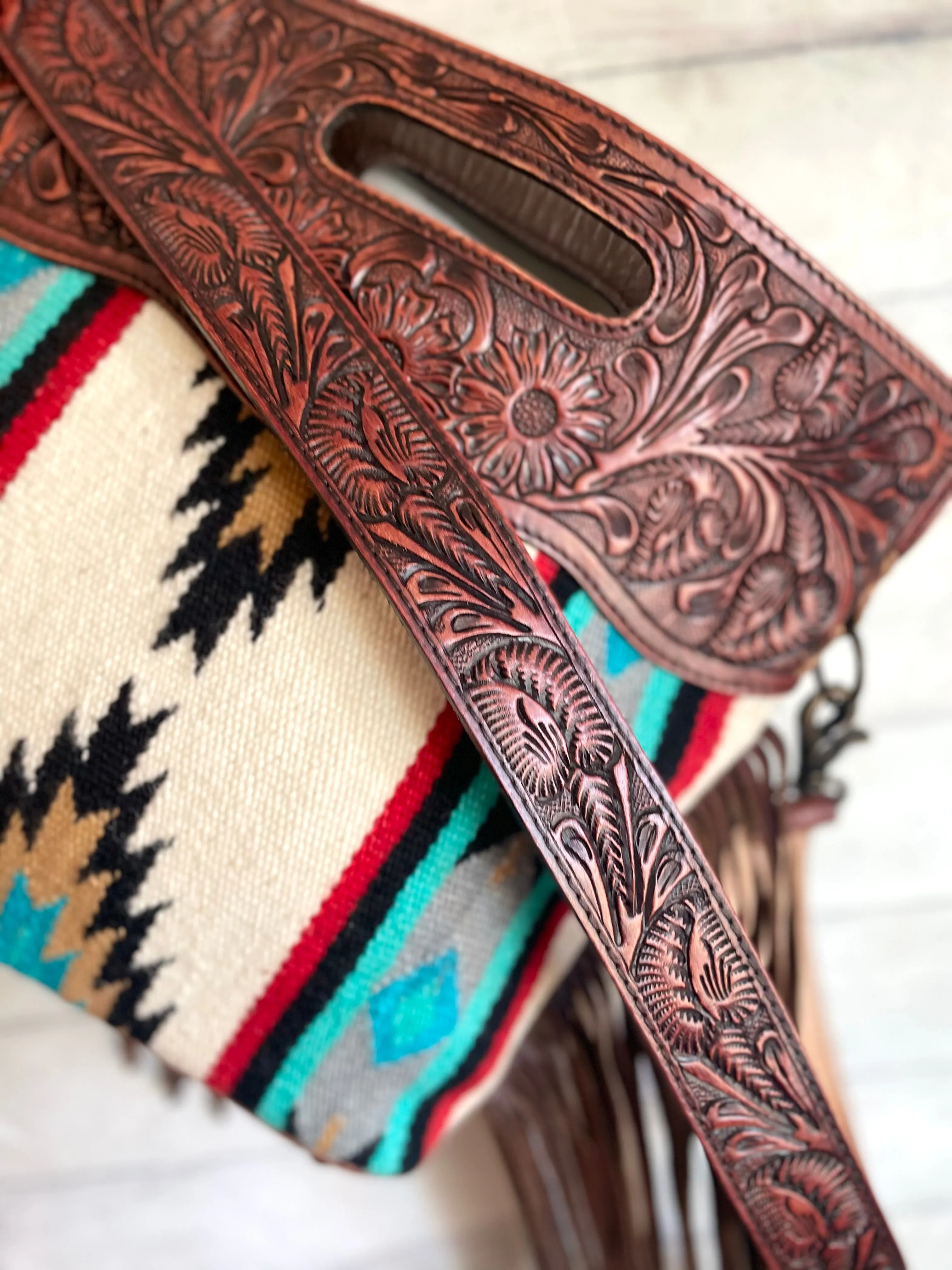 Teal Red Grey Pattern Wool Cherry Leather Fringe Bag