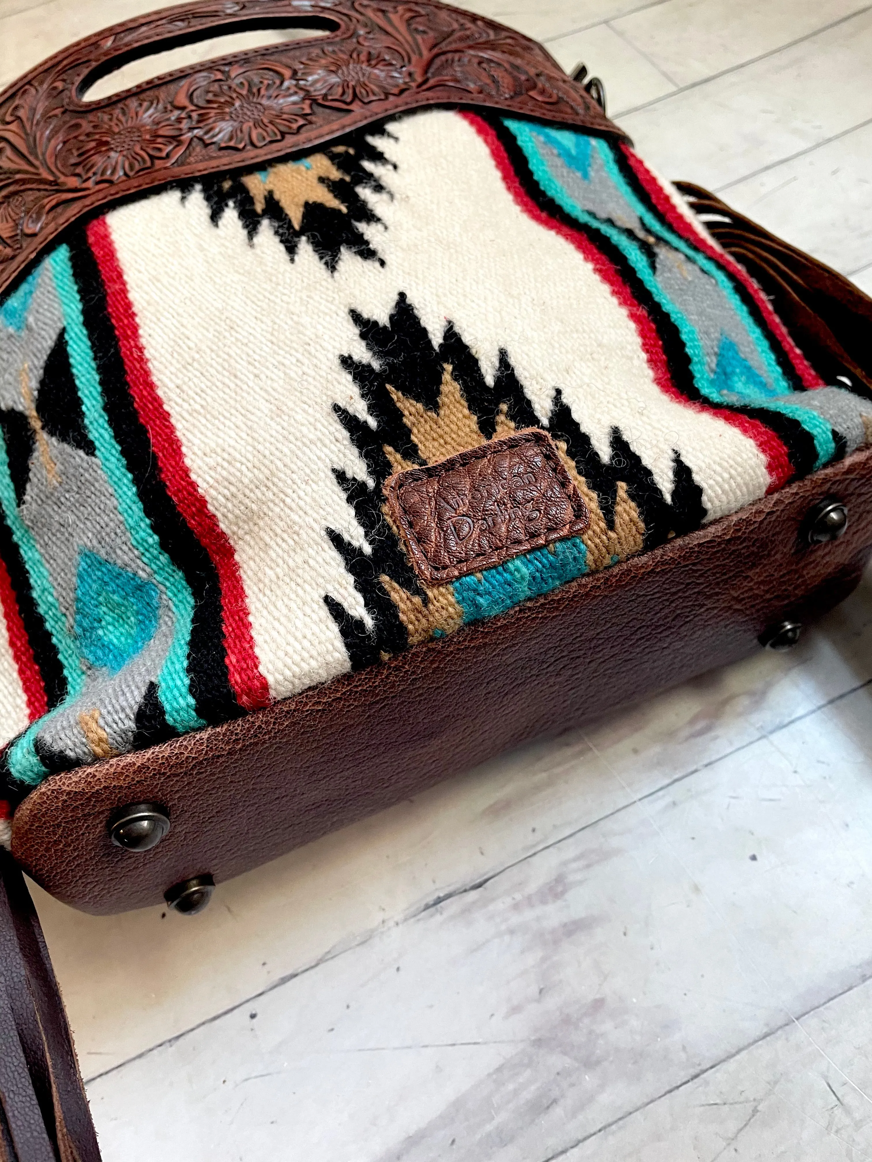 Teal Red Grey Pattern Wool Cherry Leather Fringe Bag