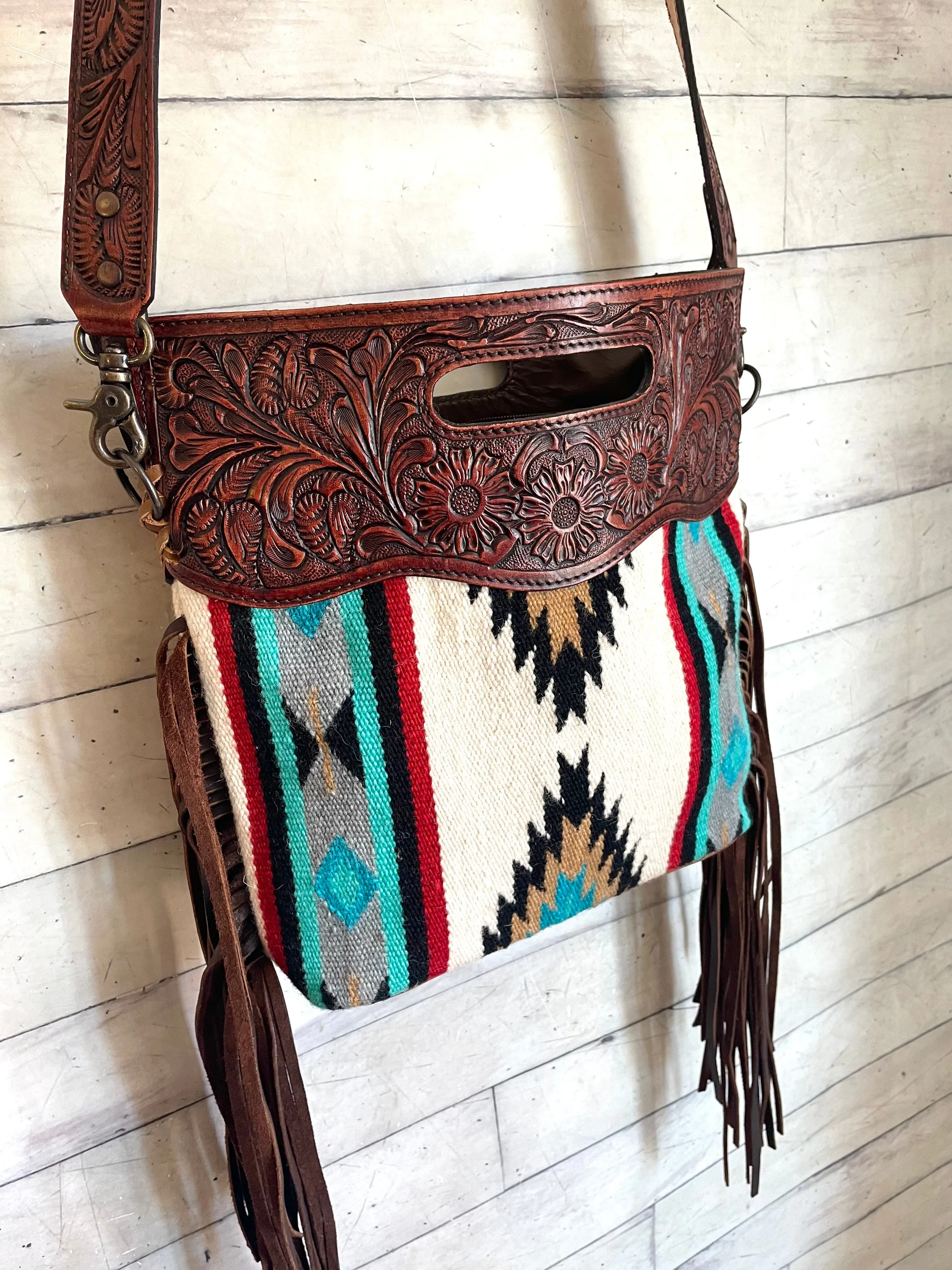 Teal Red Grey Pattern Wool Cherry Leather Fringe Bag