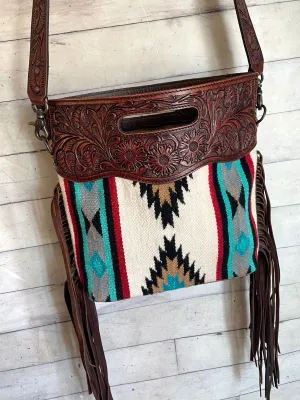 Teal Red Grey Pattern Wool Cherry Leather Fringe Bag
