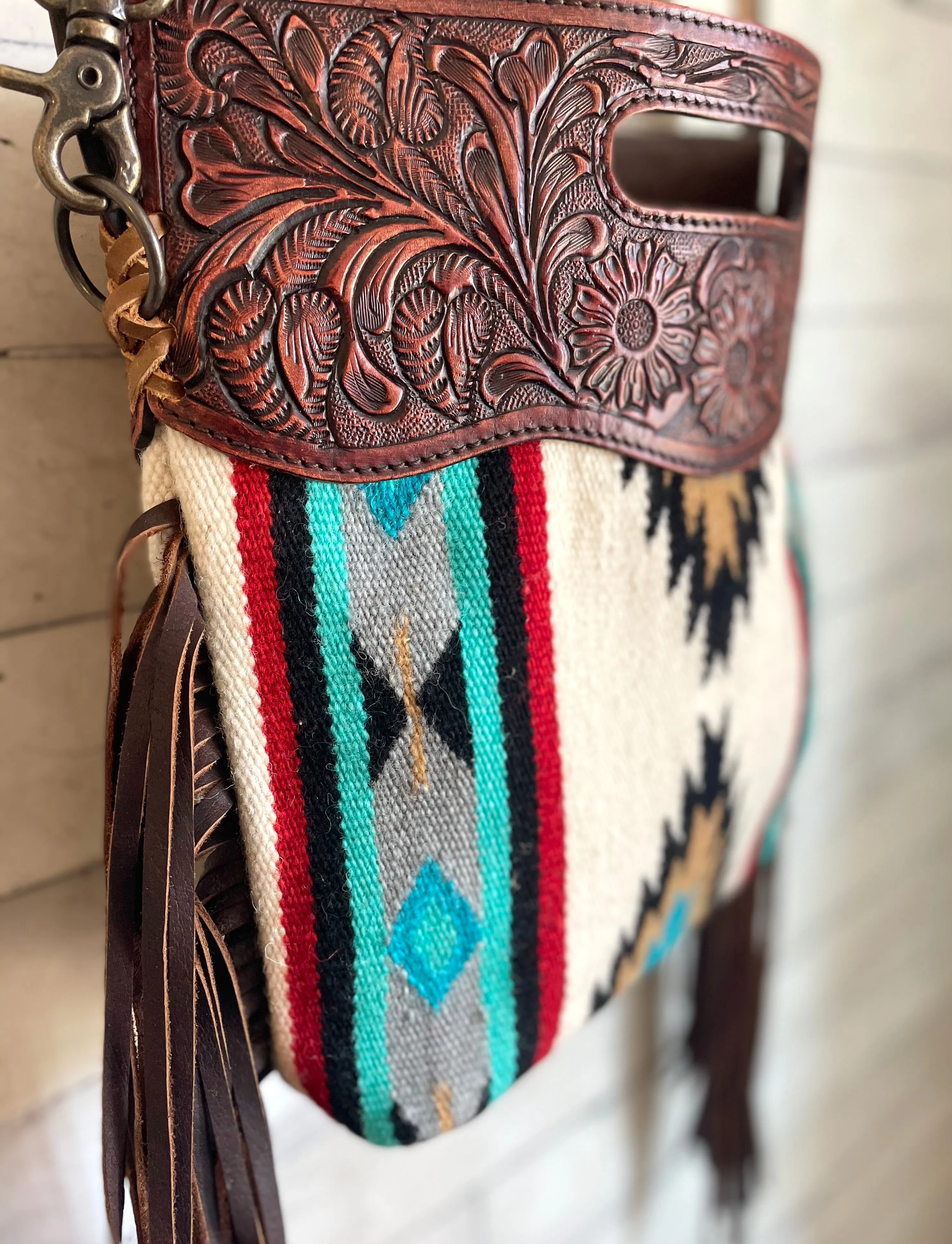 Teal Red Grey Pattern Wool Cherry Leather Fringe Bag