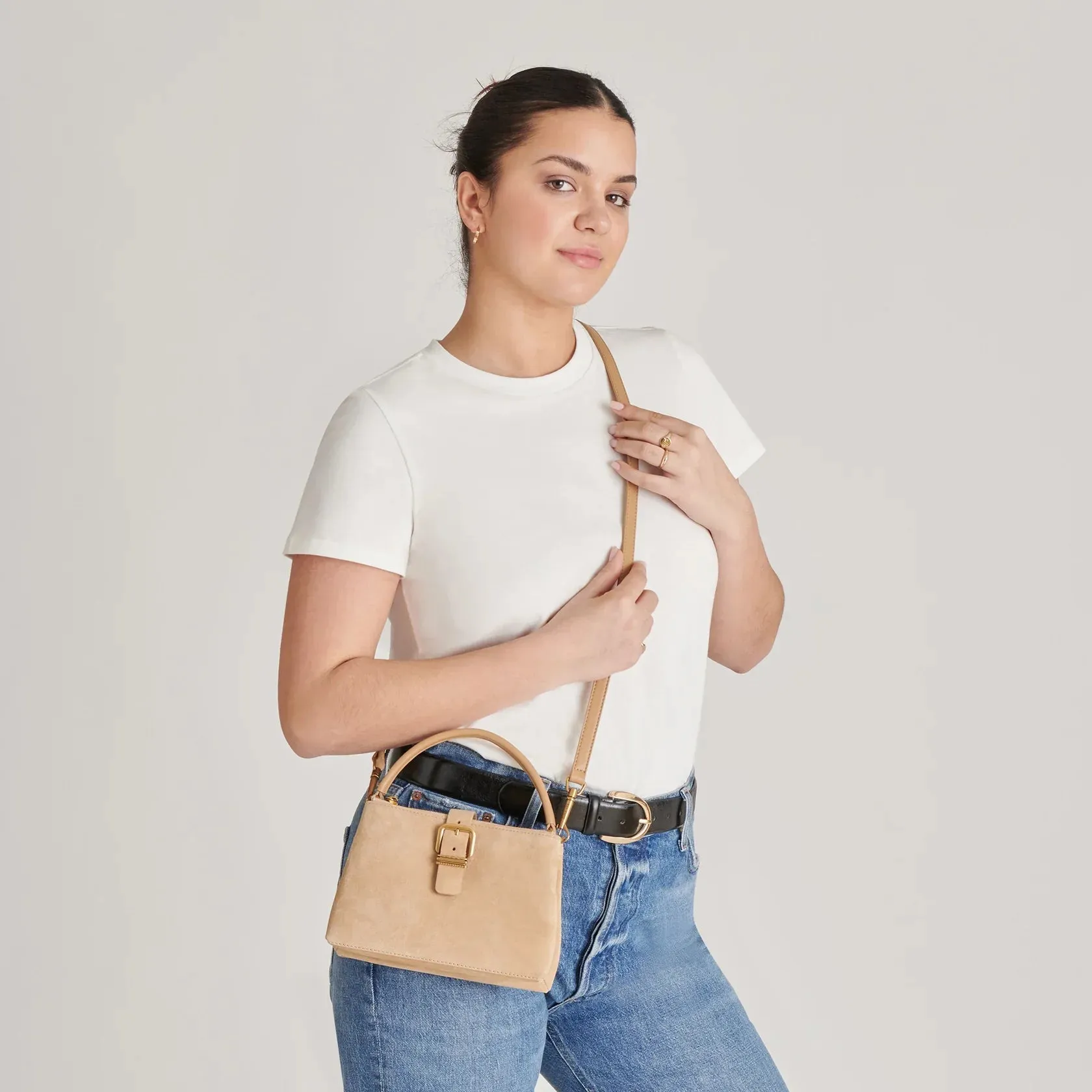 The Charly Mini Buckle Bag by Dolce Vita - Tan Suede