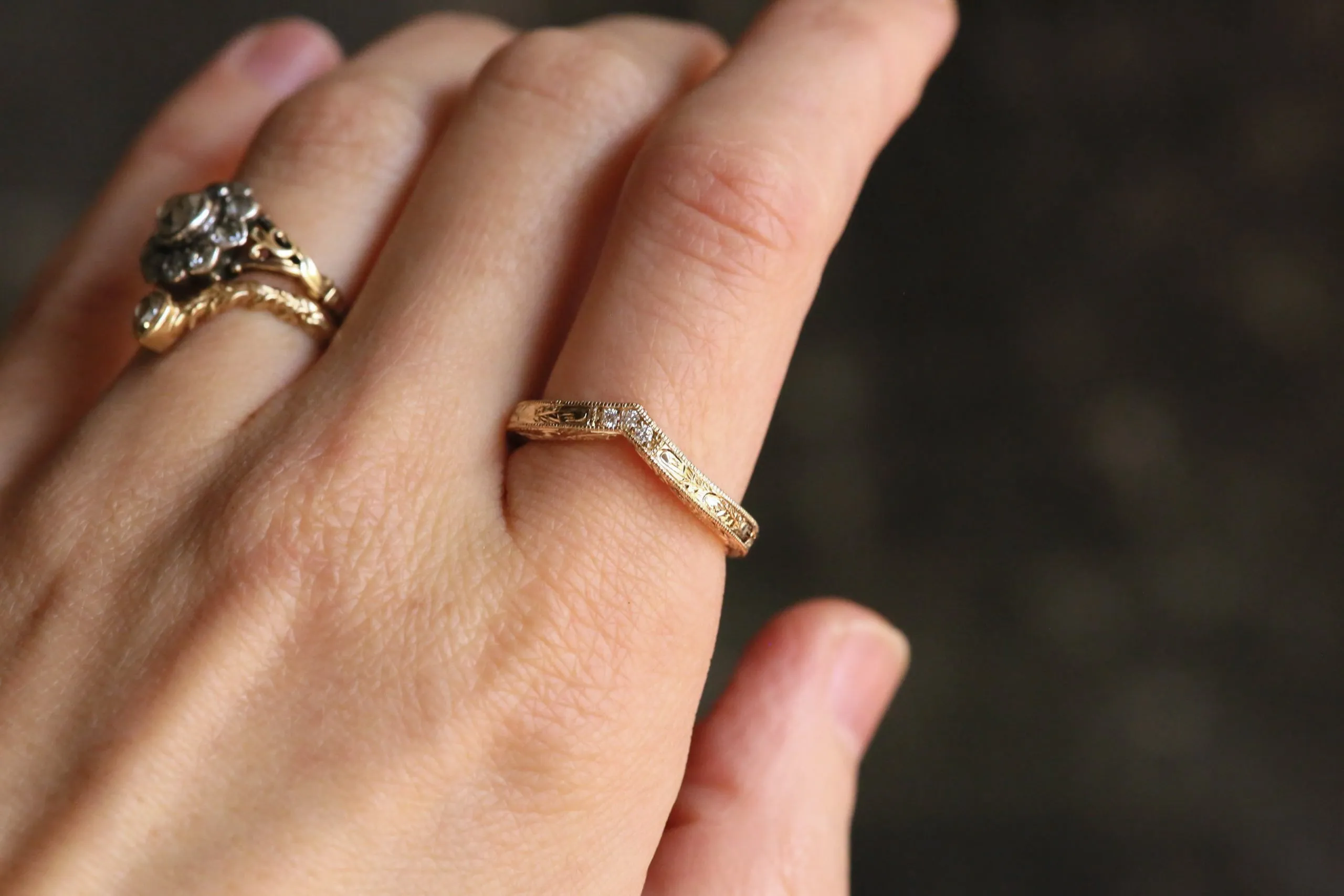 The Mariposa Diadem Band - Natural Diamond Engraved Wedding Band