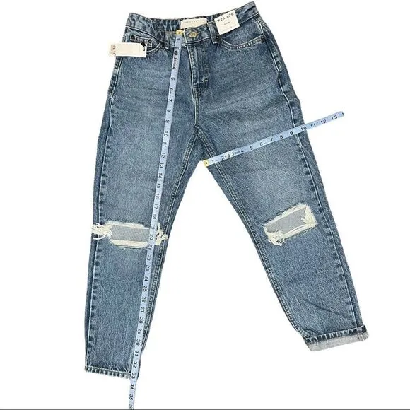 Topshop Double Ripped Jeans in Mid Blue Petite
