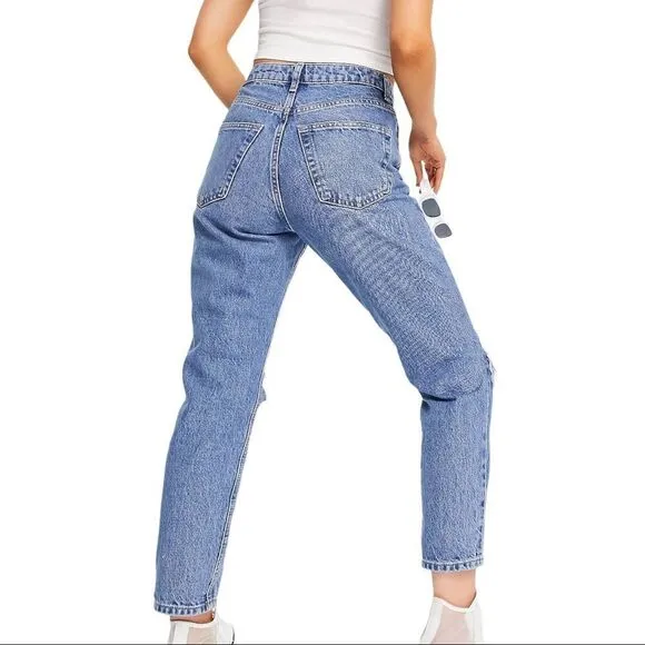 Topshop Double Ripped Jeans in Mid Blue Petite