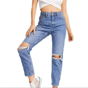Topshop Double Ripped Jeans in Mid Blue Petite
