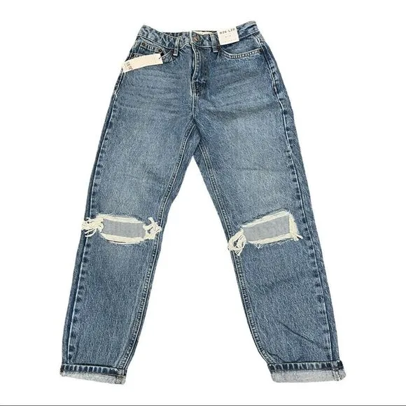 Topshop Double Ripped Jeans in Mid Blue Petite