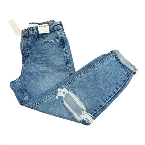 Topshop Double Ripped Jeans in Mid Blue Petite