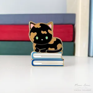 Tortie Cat on Books Enamel Pin