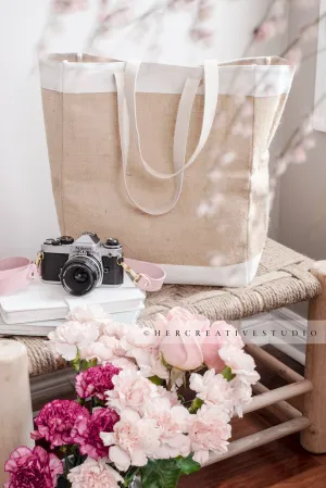 Tote and Camera on Bench, Styled Stock Image