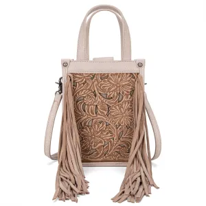 TR188-160   Trinity Ranch Floral Tooled Fringe Mini Tote/Crossbody