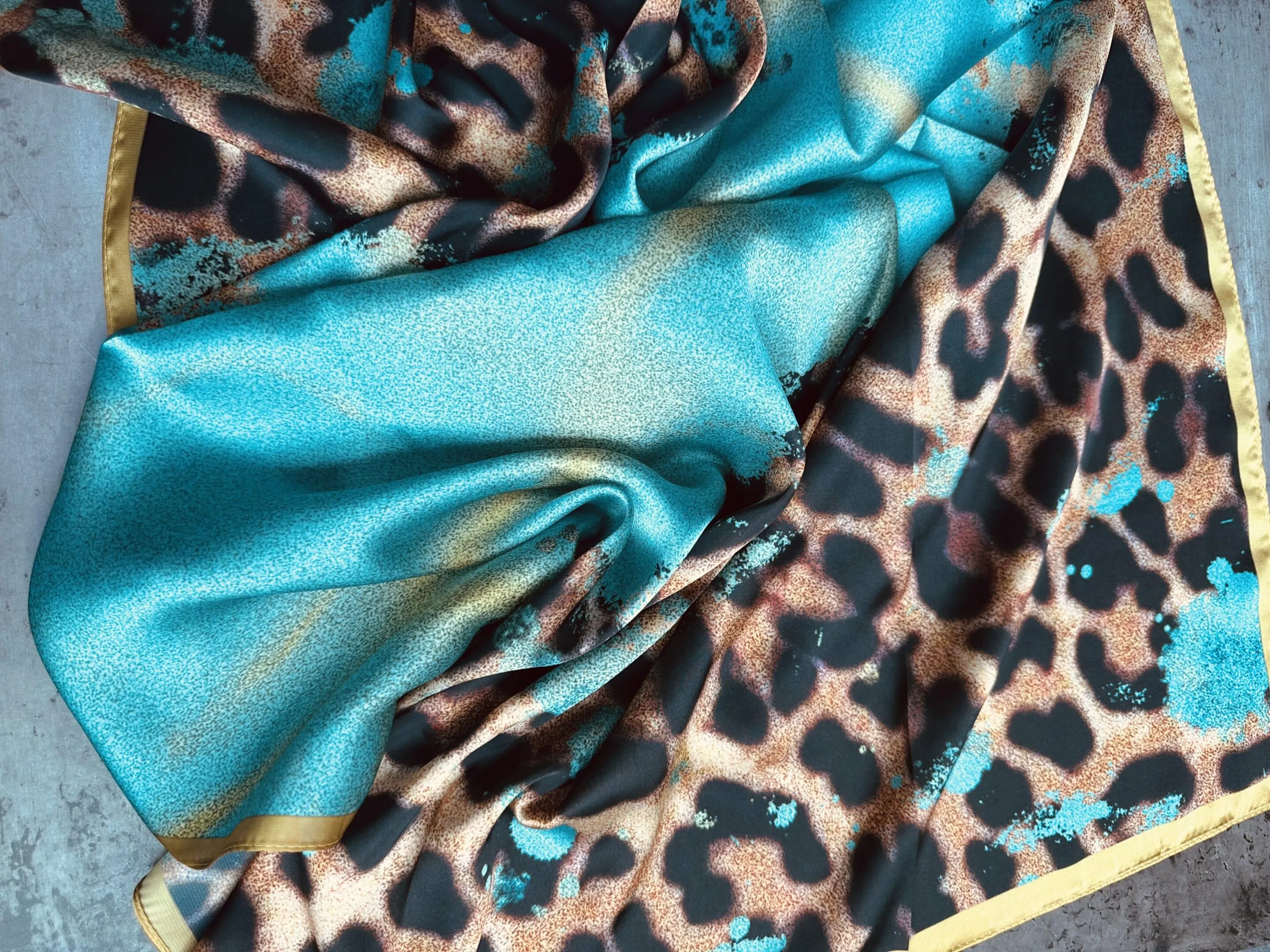 Turquoise Gold Leopard Silk Wild Rag