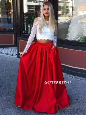 Two-pieces Long Sleeves Lace Top Long Prom Dresses With Pockets, PD1032