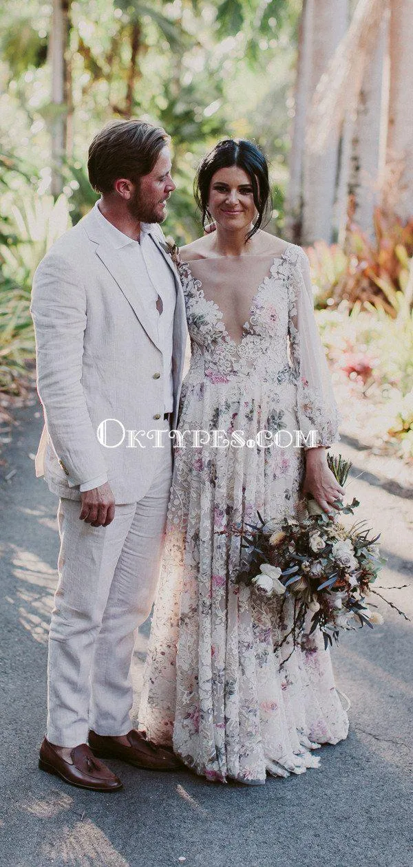 Unique V-neck Long Sleeves Lace A-line Charming Long Cheap Wedding Dresses, WDS0033