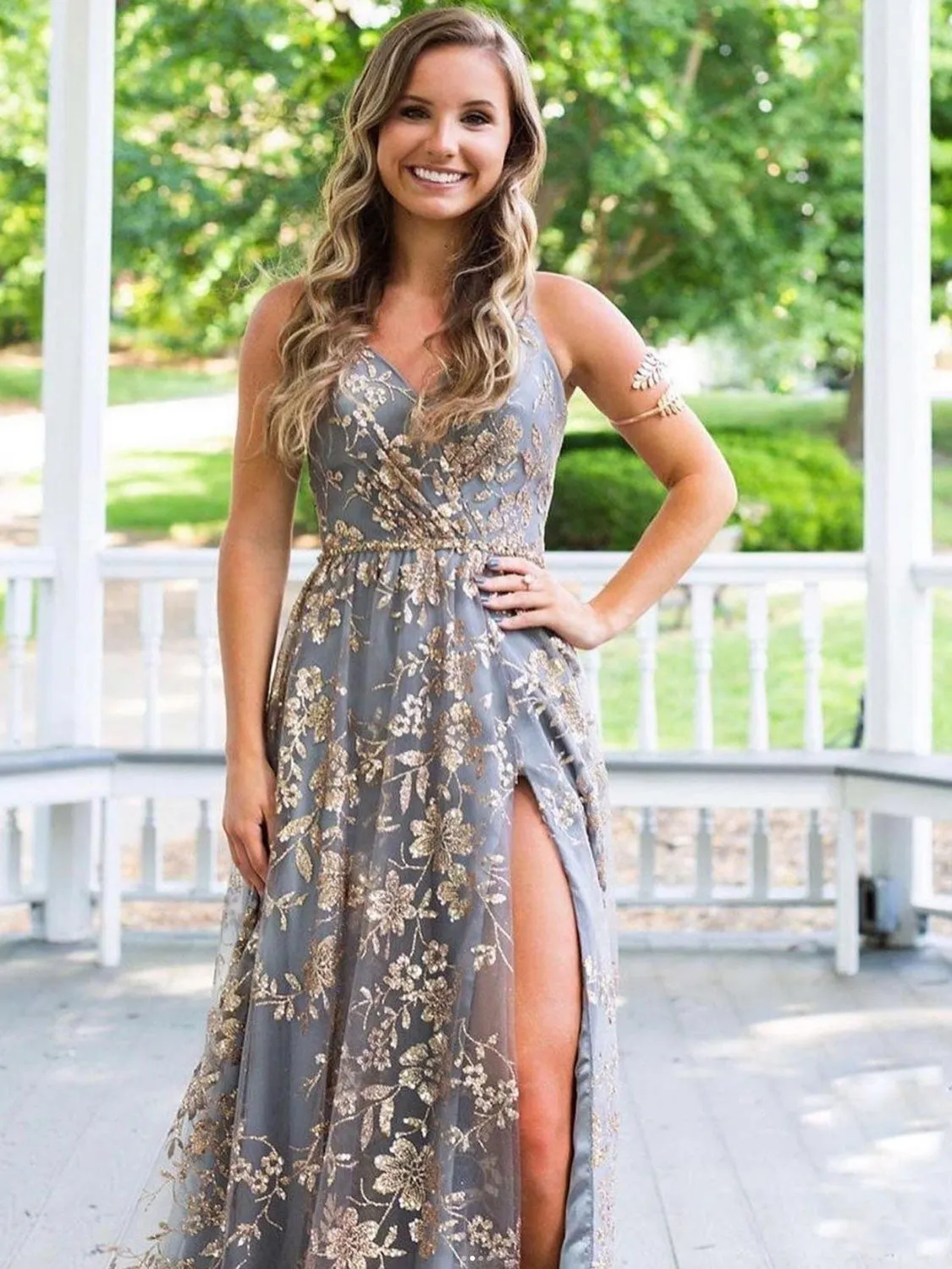 Unique v neck tulle sequin long prom dress, sequin long evening dress