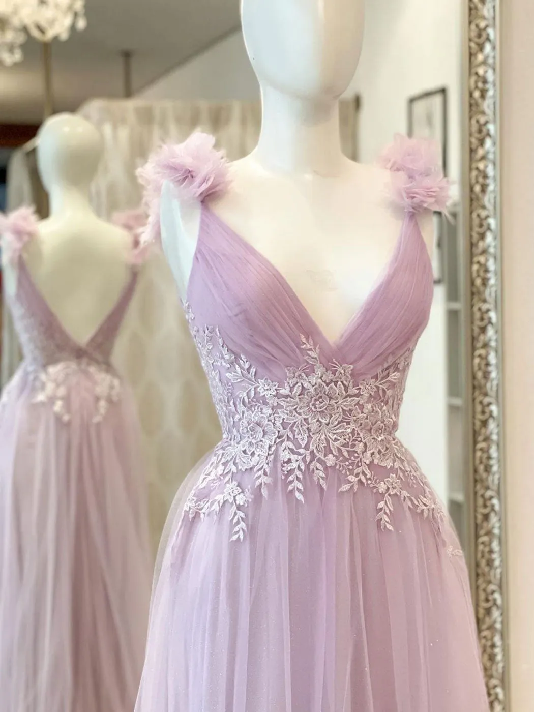 V neck A line Pink Long Prom Dresses, Lace Long Graduation Dresses With Lace Applique
