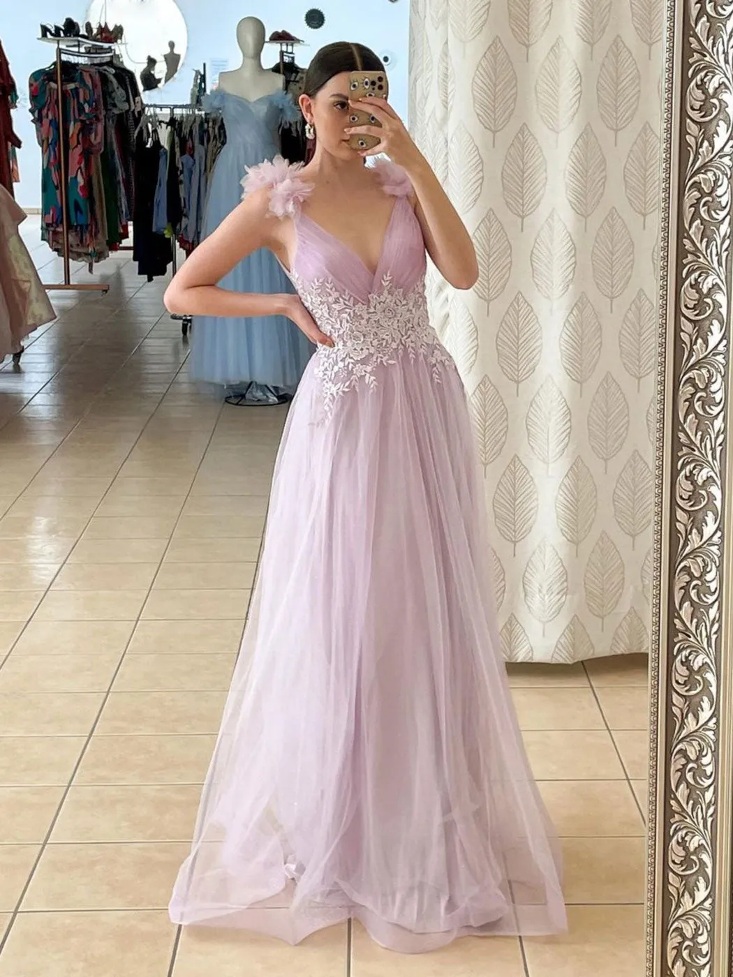 V neck A line Pink Long Prom Dresses, Lace Long Graduation Dresses With Lace Applique