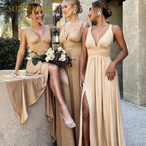v neck champagne bridesmaid dresses long 2020 a-line custom cheap wedding guest dresses 2021