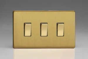 Varilight 3-Gang 10A 1- or 2-Way Rocker Light Switch (Twin Plate) Brushed Brass XDB93S