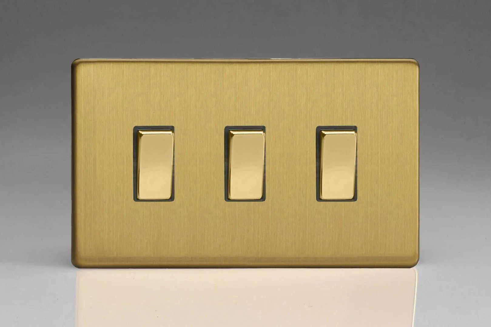 Varilight 3-Gang 10A 1- or 2-Way Rocker Light Switch (Twin Plate) Brushed Brass XDB93S