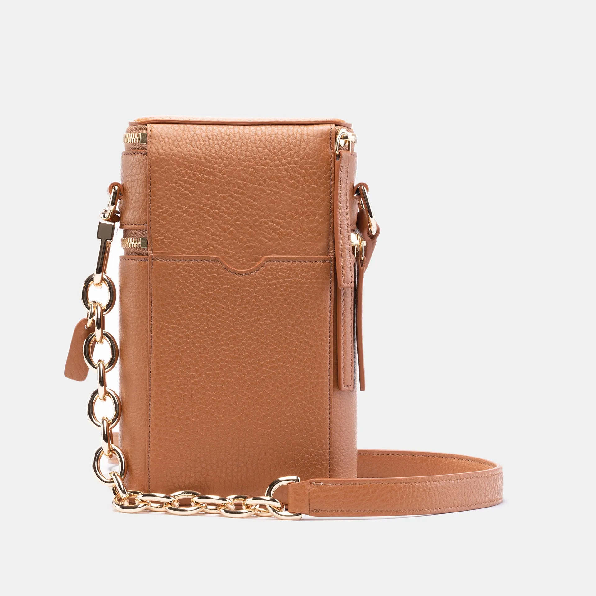 Veda Double Zipper Italian Leather Crossbody in Camel