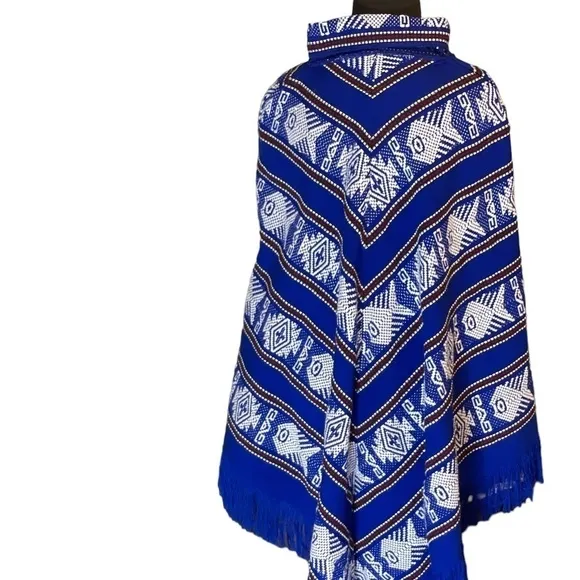 Vintage 80s Blue Fair Isle knit cape poncho jacket, One Size