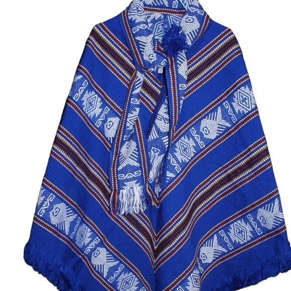 Vintage 80s Blue Fair Isle knit cape poncho jacket, One Size