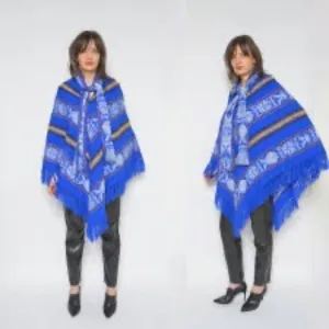 Vintage 80s Blue Fair Isle knit cape poncho jacket, One Size