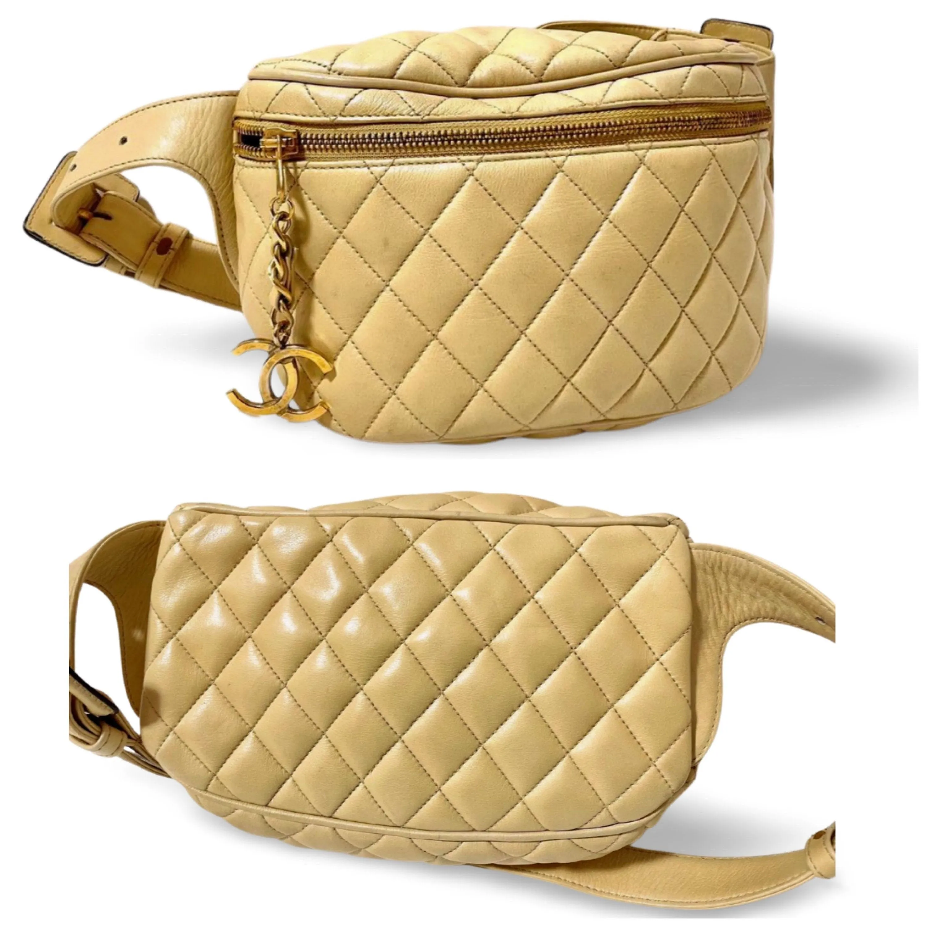 Vintage CHANEL beige lamb leather waist bag, fanny pack with double buckle belt and a golden dangling CC charm. Size 28"- 33". 051205ac1