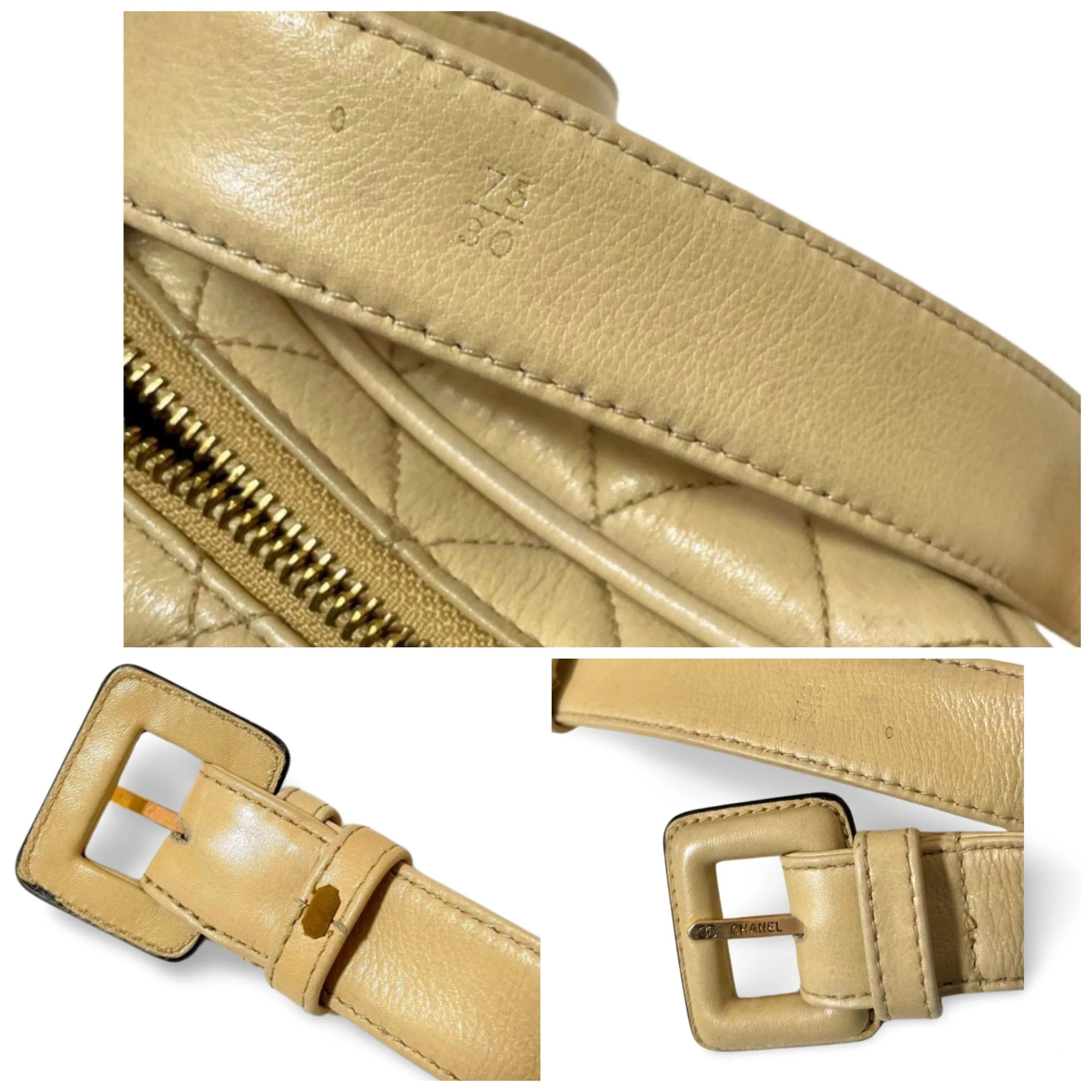 Vintage CHANEL beige lamb leather waist bag, fanny pack with double buckle belt and a golden dangling CC charm. Size 28"- 33". 051205ac1