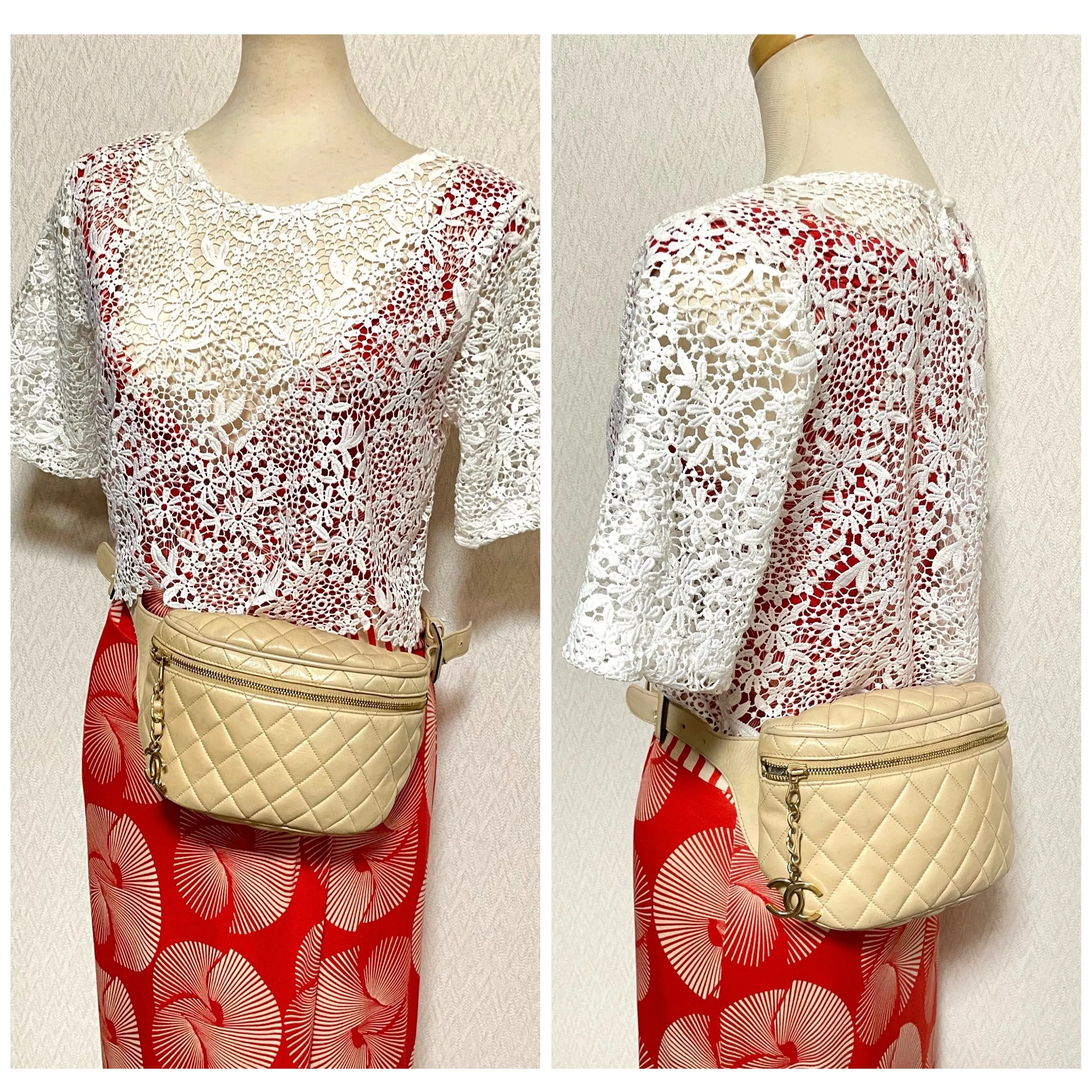 Vintage CHANEL beige lamb leather waist bag, fanny pack with double buckle belt and a golden dangling CC charm. Size 28"- 33". 051205ac1