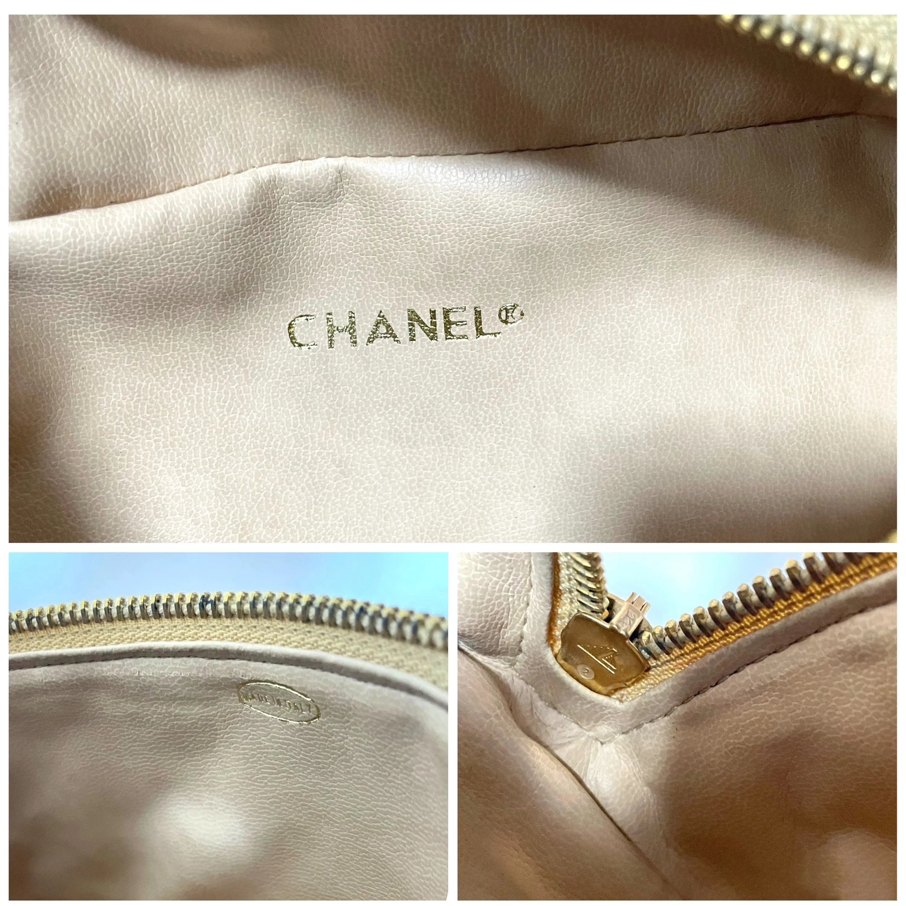 Vintage CHANEL beige lamb leather waist bag, fanny pack with double buckle belt and a golden dangling CC charm. Size 28"- 33". 051205ac1