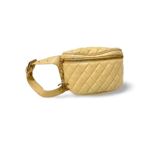 Vintage CHANEL beige lamb leather waist bag, fanny pack with double buckle belt and a golden dangling CC charm. Size 28"- 33". 051205ac1