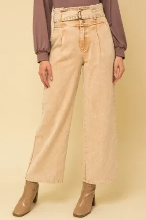 Washed Camel Paper Bag Waist Wide Leg Pant