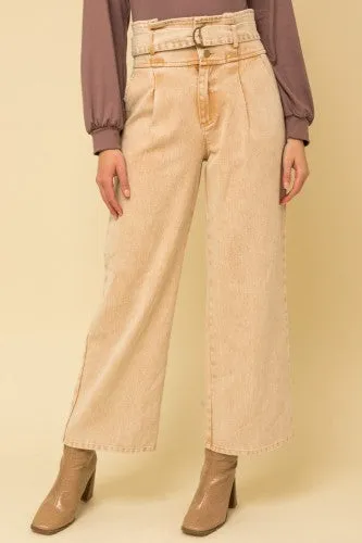 Washed Camel Paper Bag Waist Wide Leg Pant