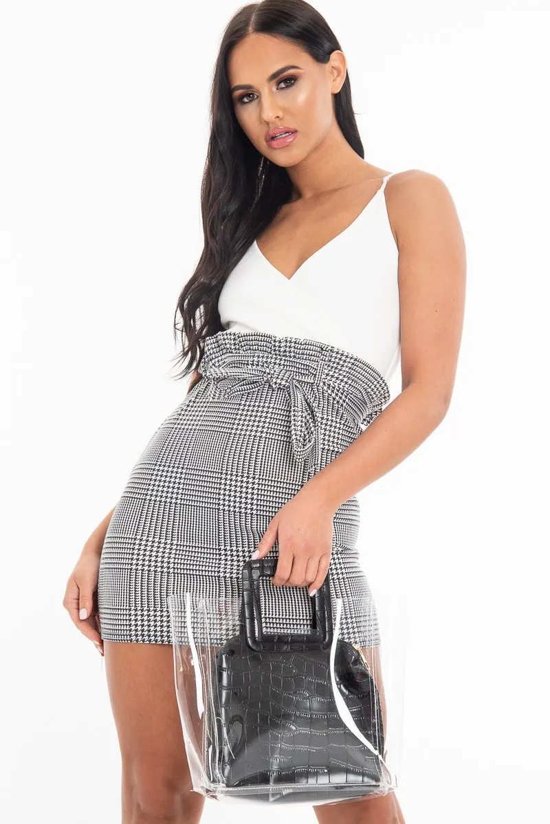 White Houndstooth Belted Paper Bag Waist Dress - Marnie