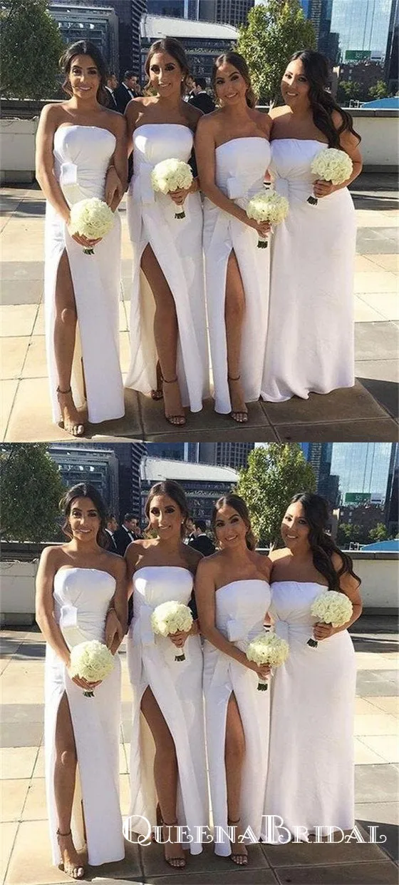 White Strapless Sleeveless Side Slit Satin Long Bridesmaid Dresses, QB0674