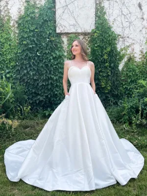 White sweetheart neck satin long prom dress, white evening dress