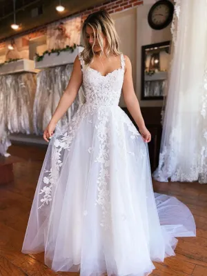White tulle lace long prom dress, white tulle lace evening dress