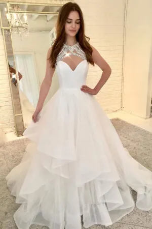 White tulle long prom dress, white tulle evening dress