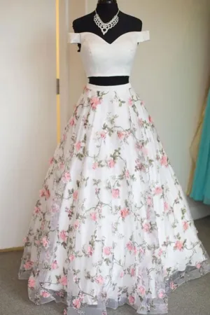 White two pieces tulle long prom dress, tulle evening dress