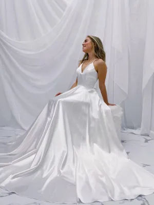 White v neck satin long prom dress, white A line evening dress