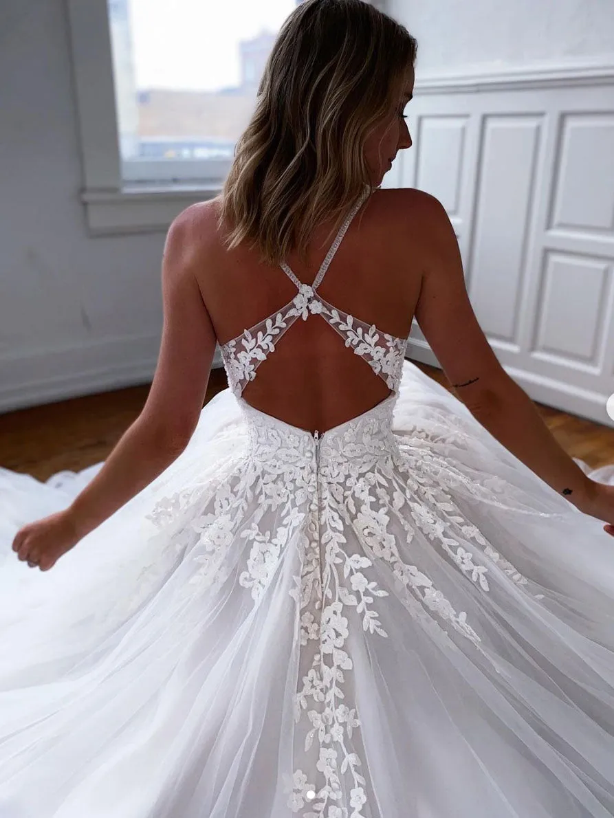 White v neck tulle lace long prom dress, lace evening dress