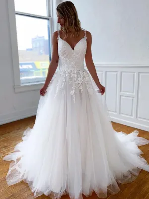 White v neck tulle lace long prom dress, lace evening dress