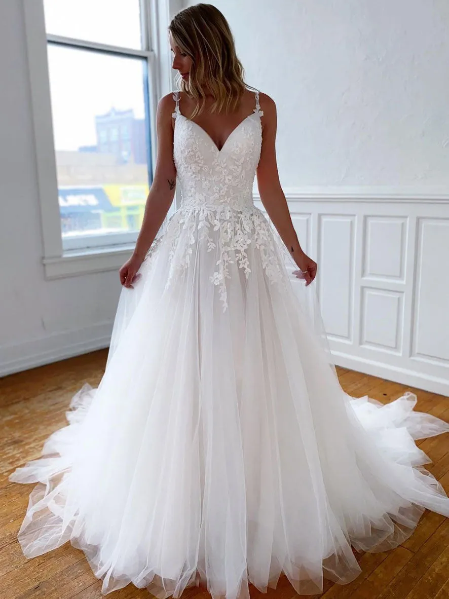 White v neck tulle lace long prom dress, lace evening dress