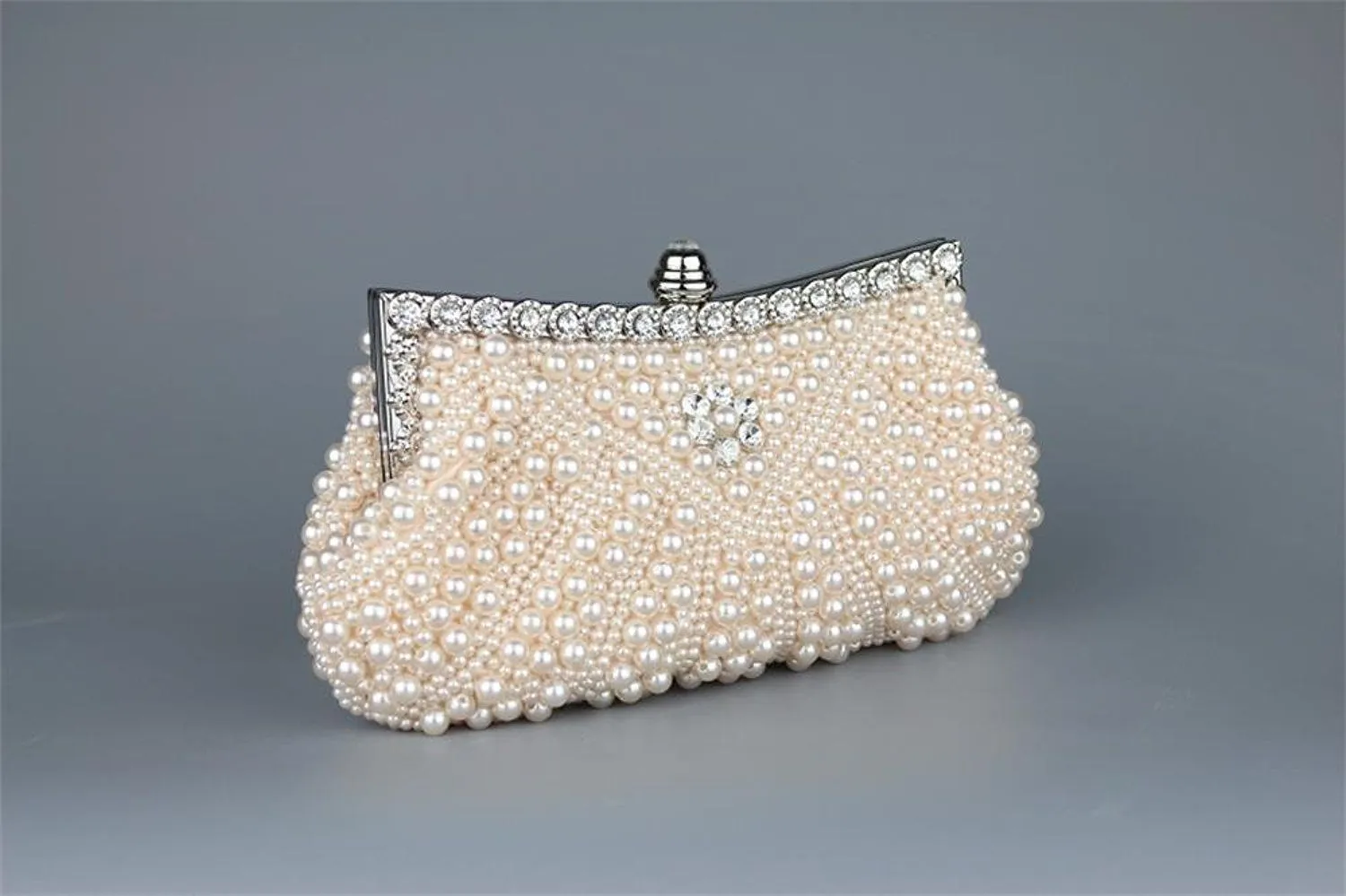 Womens Faux Pearl Cascading Bead Rhinestone Evening Clutch Fashion Purse|JaosWish
