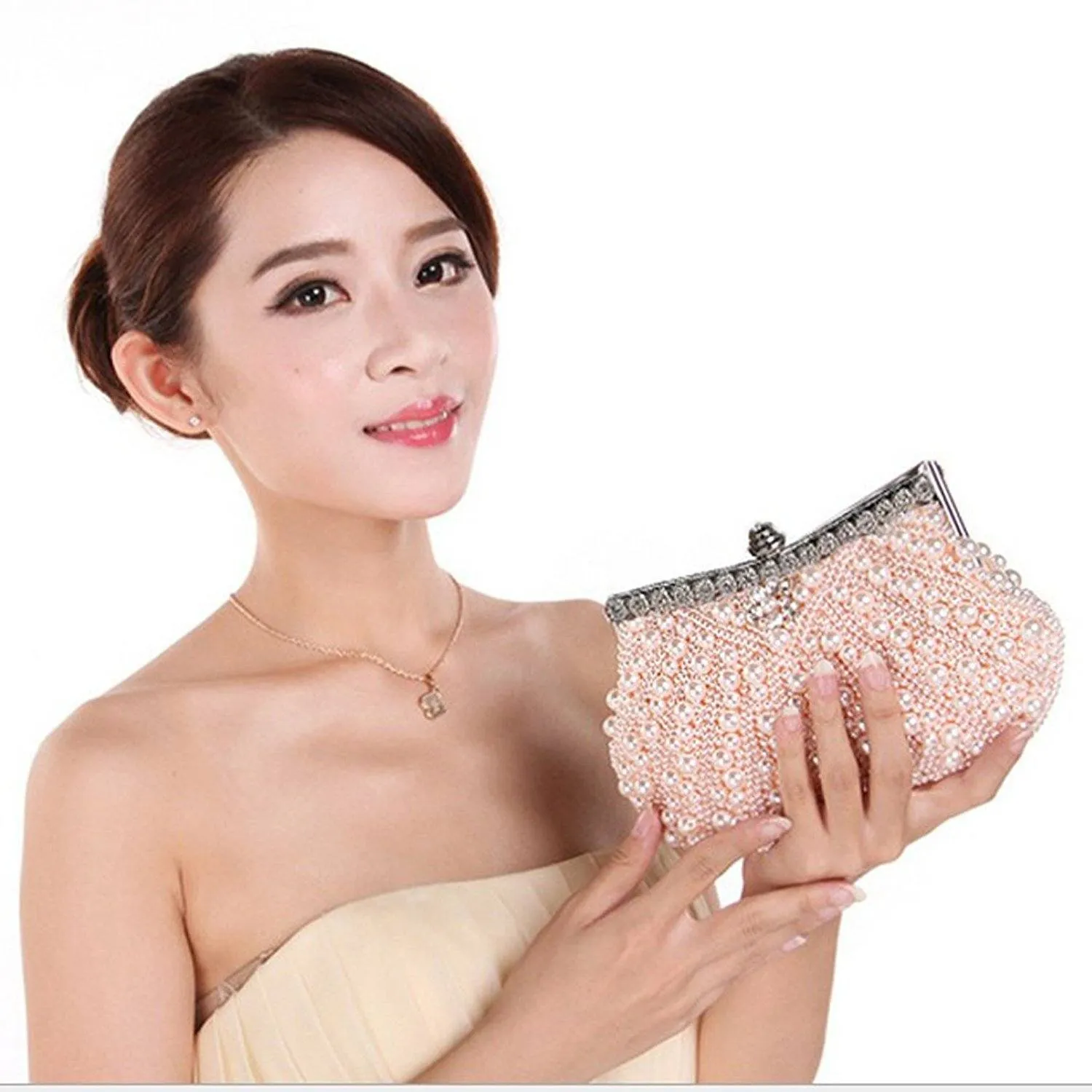 Womens Faux Pearl Cascading Bead Rhinestone Evening Clutch Fashion Purse|JaosWish